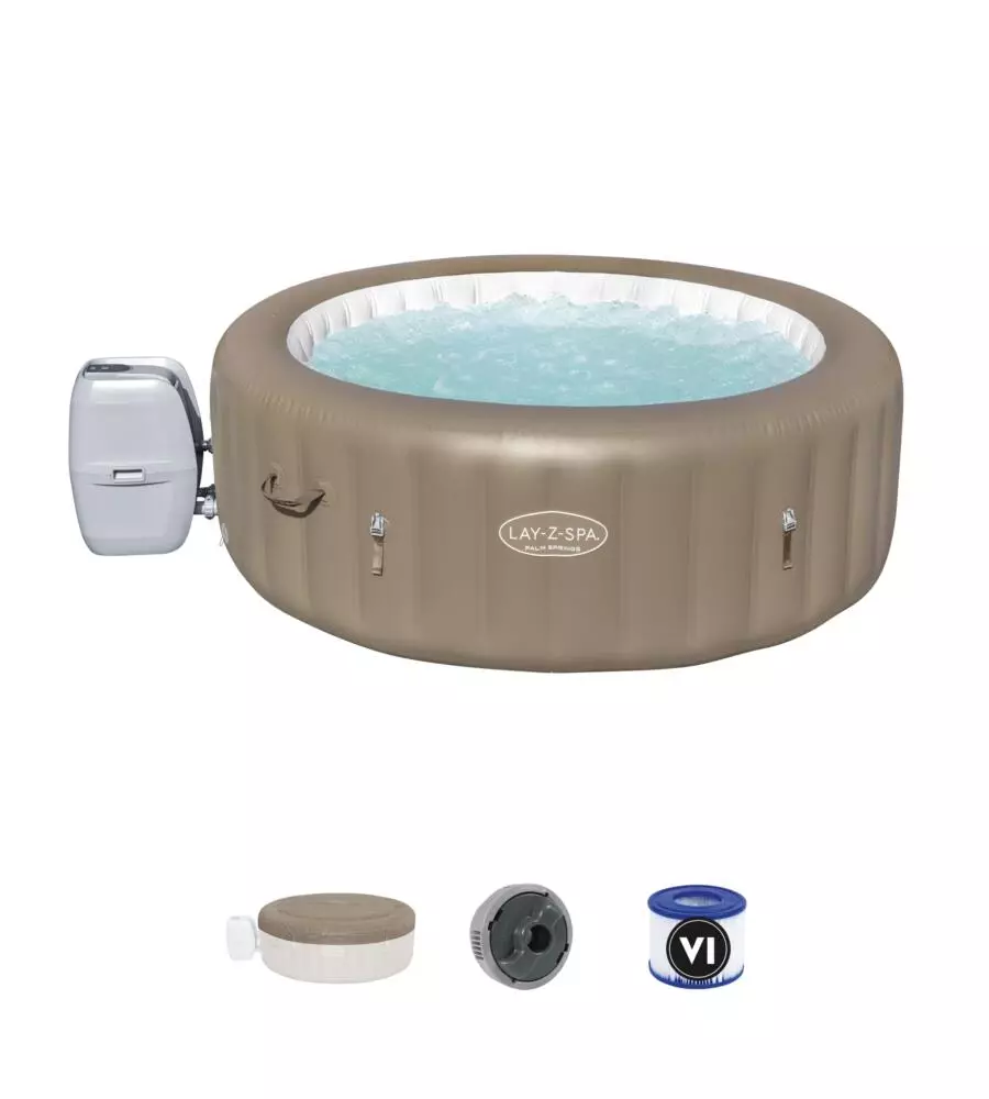 Piscina idromassaggio gonfiabile bestway "lay-z-spa palm spring" 4/6 persone 196x196x71 cm con copertura, 2 cartucce, dvd, manometro pressione e flottatore chimico  - cod. 60017